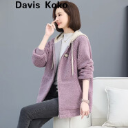 davis koko高端品牌 连帽颗粒羊羔毛外套女装冬季新款宽松加厚保暖毛绒大衣 紫红 M 约适合体重115斤内