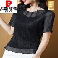 皮爾卡丹（PIERRE CARDIN）網(wǎng)紗短袖T恤女2025夏新款歐根紗減齡體恤小衫條紋褶皺遮肚子上衣 高腰短t-黑色 M 涼感T恤- 建議75-100斤