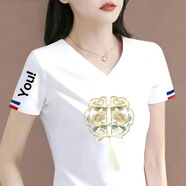 伊森尼尼v領(lǐng)短袖t恤女2025夏季女裝新款韓版寬松休閑體恤女上衣打底衫 V領(lǐng)白色【國風(fēng)花邊】 XL 建議110-120斤