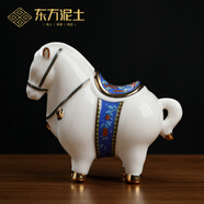 東方泥土 陶瓷馬擺件綠碼綠馬創(chuàng)意桌面唐馬辦公桌書房書桌小裝飾手工藝品 H23-50B  財(cái)馬（藍(lán)色）