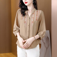 法蘿迪（FA LUO DI）襯衫女長(zhǎng)袖春秋季新款棉麻女裝大尺碼寬松遮肚子刺繡女士襯衣 卡其色 XL