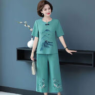 口旋中老年人夏季棉麻套裝洋氣減齡40-60歲媽媽裝短袖t恤上衣兩件裝潮 綠色 【上衣+褲子】 3XL 【115-130斤】