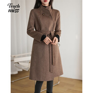 塔馳密司（touchmiss）毛呢大衣女秋冬新款寬松加厚氣質(zhì)顯瘦中長(cháng)款復古立領(lǐng)雙面毛呢大衣 混咖色 M