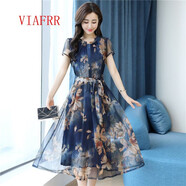 VIAFRR輕奢女裝高端連衣裙夏季優(yōu)雅氣質(zhì)修身顯瘦舒適印花復古輕熟風(fēng)收腰 藏青 M