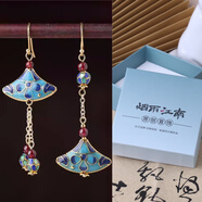 煙雨江南景泰藍(lán)復(fù)古耳環(huán)女民族風(fēng)夸張耳飾不對(duì)稱設(shè)計(jì)耳墜中國(guó)風(fēng)飾品耳夾 925銀鍍金耳鉤+漸變藍(lán)小方禮盒