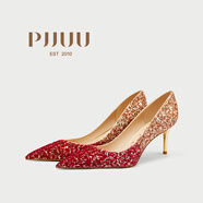 PJJUU禮服鞋秀禾服婚鞋2024年新款紅色高跟鞋女結婚新娘水晶單鞋PJ1175 鎏金紅絲絨 6.5cm 37