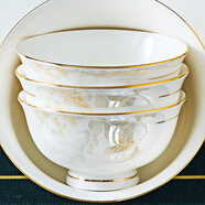 紅牡丹 陶瓷金邊米飯碗輕奢面碗湯碗家用景德鎮(zhèn)餐具中式碗組合喬遷碗碟 一季花開描金5英寸高腳碗10個