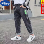 迪士尼（DISNEY）男童牛仔褲春秋兒童彈力褲子2024新款中大童男孩寬松休閑長褲男潮 黑色方塊印花 160