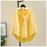 羅蒙（ROMON）特價(jià)撿漏純棉襯衫女夏季新款設計感前短后長(cháng)開(kāi)衫寬松顯瘦休閑襯衣 黃色 3XL 155-175斤
