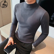 單曲循環(huán)港風(fēng)潮牌男士半高領(lǐng)長袖t恤秋冬新款季時(shí)尚修身打底衫緊身針織衫 深灰色 M 【建議90斤以內(nèi)】