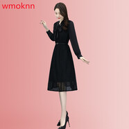 WMOKNN香港潮牌絲連衣裙女春裝2021年新款潮高端名媛氣質(zhì)時(shí)尚簡(jiǎn)約性感知性小個(gè)子香風(fēng)中長(cháng)款裙子 黑色 M