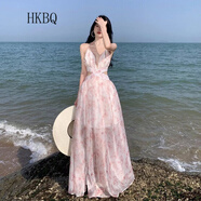 HKBQ輕奢海邊度假沙灘裙氣質(zhì)仙仙裙吊帶露背收腰連衣裙拖地長(zhǎng)裙超長(zhǎng)款 粉紅色 L