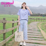 紫洛妮初中生短袖t恤女夏裝新款2025高中學(xué)生大童寬松休閑純棉上衣 紫蘭+876淺藍(lán) L