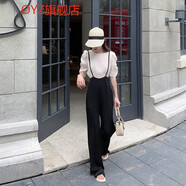 OYZ香港潮牌闊腿背帶褲女寬松吊帶褲夏季新款連體褲女洋氣時(shí)尚 杏色上衣＋黑色背帶褲 L