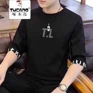 啄木鳥(niǎo)t恤男七分袖春秋季寬松潮流韓版夏季衣服男裝學(xué)生體恤休閑打底衫 黑色 XL