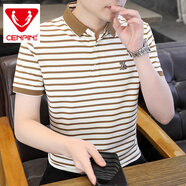 CENPIN時尚男裝條紋棉質短袖T恤男夏季半截袖翻領繡花T恤男士夏裝上衣 卡其 S 165