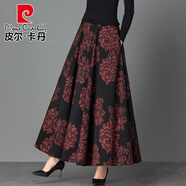 皮爾卡丹（pierre cardin）2025秋冬季新款復古印花半身長(cháng)裙女高腰大擺跳舞裙女大碼半身裙子 Z-1黑底紅牡丹 S