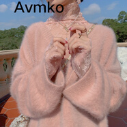 潮牌Avmko毛衣秋冬新款女裝V領(lǐng)寬松毛絨絨針織衫仙女慵懶風(fēng)套頭馬海毛毛衣 軟奶粉 均碼