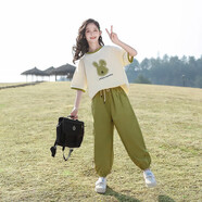 柚一杉童裝女童套裝短袖夏裝新款女孩學(xué)生夏季中大童兒童衣服洋氣兩件套 垂耳兔套裝 綠色 170(建議身高165左右)