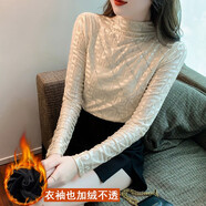 葉紫楓 打底衫女2025春季新款半高領(lǐng)百搭女裝燙鉆蕾絲加絨加厚內搭小衫 杏色（加絨加厚） XL
