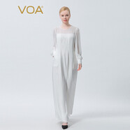 VOA真絲提花白色圓領(lǐng)透視長(cháng)袖喬其撞料拼接闊腿桑蠶絲連體褲 KE531 靜夜思白（W09） 2XL