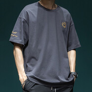 依郎酷男士短袖t恤男純棉寬松休閑五分袖男生半截袖潮牌打底衫刺繡體恤 深灰色 XL【145-160斤】