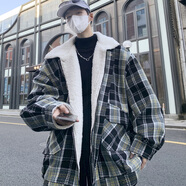 賓迪肯（BINDIKEN）小香風(fēng)格子羊羔毛外套男秋冬季潮牌寬松棉服大碼男裝夾克棉衣潮流 A157-M166黑色（羊羔毛加厚） L