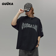 古由卡（GUUKA）LAB廢土風(fēng)短袖潮牌t恤男士上衣半截袖黑色新款寬松夏裝純棉大廓形 黑色 S