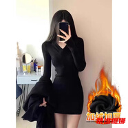 蒂洛緹娜加絨黑色V領(lǐng)緊身針織連衣裙女秋冬季修身包臀裙子內(nèi)搭新款 黑色加絨加厚 M