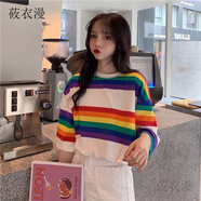 莜衣漫鹽系秋季新款設(shè)計感小眾條紋短袖t恤韓版寬松女學生閨蜜裝ins 彩虹條紋//97 L [建議100-118斤]