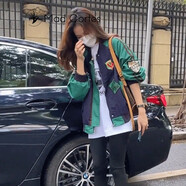 Mad Cortes 港味潮牌撞色拼接寬松棒球服外套女2022春秋新款小個子休閑潮流拉鏈開衫百搭夾克 綠色. L 建議105-120斤