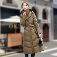 木清清白鴨絨羽絨服女新款冬季長款收腰時尚過膝修身連帽外套加厚保暖 F87咖色 升級加厚【白鴨絨服】F XL【115-130斤】左右