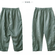 尤柯鳥 YOEKBIRD新款日系哈倫純亞麻褲女文藝百搭大碼拼接吊襠寬松九分褲 綠色 棉麻材質 S
