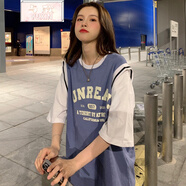 與欣女生衣服短袖女T恤女寬松韓版少女學(xué)生少女初中生高中生女裝港風(fēng)籃球服假兩件原宿風(fēng)半袖火上衣 藍(lán)色 均碼