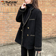 啄木鳥小香風(fēng)黑色外套女春秋2025新款氣質(zhì)名媛格子拼接高級粗花呢小西裝 黑色 A08款 S 80-95斤