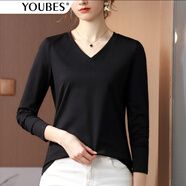 優(yōu)貝爾斯（YOUBES）80支雙面絲光棉T恤女長(cháng)袖春秋款百搭純色打底衫女內搭外穿女上衣 黑色V領(lǐng) L碼(100-110斤)