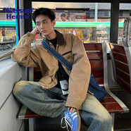WASSUP HERMU官方外套男女春秋季復古美拉德工裝風上衣服港風時尚翻領休閑夾克 卡其色 XL （推薦120-140斤）