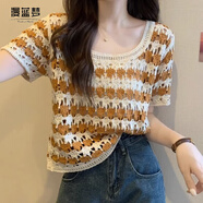 漫藍(lán)夢港式復(fù)古條紋短袖針織衫女夏季鏤空鉤花泫雅風(fēng)小個子寬松短款上衣 【復(fù)古橘】 M 95-115斤