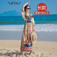 VITIV 香港潮牌泰國民族風(fēng)V領(lǐng)連衣裙 2022春夏新款印花波西米亞法式小眾復(fù)古長裙海邊度假沙灘裙 綠色長款【建議160以上身高】 L 適合體重130斤以下