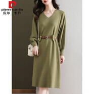 皮爾卡丹（pierre cardin）韓版女秋季系帶顯瘦V領(lǐng)針織連衣裙媽媽泡泡袖百搭純色打底毛衣裙 綠色 XL 【建議120-135斤】