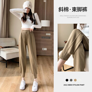 依沐蘇運(yùn)動褲女寬松春秋季新款高腰顯瘦哈倫休閑褲百搭蘿卜褲束腳衛(wèi)褲子 卡其色-加長款(167cm以上選)-1 XL