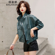 佰藍(lán)嬌 皮衣女短款2022春裝新款春季女裝春秋韓版時尚品牌女士皮夾克機(jī)車服小個子休閑寬松短外套上衣 綠色【單件上衣】 L（推薦111-125斤）