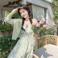 舒芳蝶（shufangdie）連衣裙套裝女夏2025法式甜美小清新仙氣仙森系開衫碎花吊帶裙子女 綠色開衫+綠色吊帶裙 一套 M