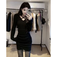 曙蒂笑菁港風(fēng)復古氣質(zhì)時(shí)尚內搭連衣裙女秋冬修身高腰收腰顯瘦短裙 黑色 L 建議105-120斤