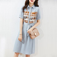 賢語(yǔ)2024年夏季新款雪紡印花連衣裙短袖寬松淑女韓版藍色襯衫中長(cháng)裙女 藍色 XL 建議120到130斤