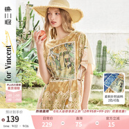 兩三事梵高文藝圓領(lǐng)印花短袖t恤女2025夏季新款涼感寬松上衣 悠長假期 黃色-y S