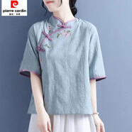 皮爾卡丹2025中國風繡花半袖女盤扣旗袍上衣中式改良夏仿棉麻禪意茶服漢服 藍色【單上衣】 2XL 115-125斤內(nèi)
