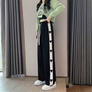 青少年初中生牛仔闊腿女孩高中學(xué)生秋冬季加絨加厚直筒子女學(xué)生韓版寬松百搭潮流闊腿休閑運(yùn)動(dòng) 黑色愛心褲（高質(zhì)量加絨加厚優(yōu)于同行） S