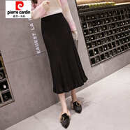 皮爾卡丹（pierre cardin）針織半身裙女a(chǎn)字裙秋冬加厚新款韓版高腰中長(zhǎng)款毛線木耳邊百褶裙 黑色 均碼