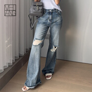 美洋（MEIYANG）【60系列】普賽牛仔褲純棉斜紋拉絲破洞中腰微喇褲夏季新款長(cháng)褲女 牛仔藍（常規版） L
